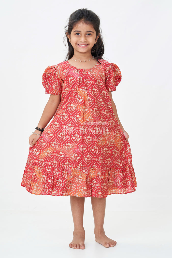 The Nesavu Girls Fancy Frock Girls Stylish Frock Design in Red Modal Silk with Ornamental Motifs and Ruffle Hem for Classic Vibes Nesavu 18 (2Y) / Red GFC1754A-18 Nesavu Girls Stylish Red Frock Design Modal Silk Puff Sleeves Ruffle Trim Hem