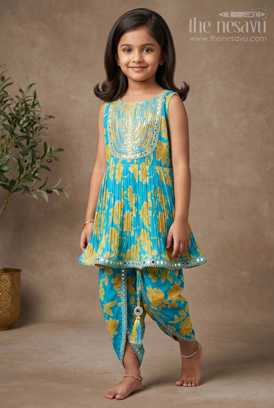 The Nesavu Girls Dothi Sets Girls Sunshine Blue Kurti with Dhoti Pant Setvibrant and Versatile Nesavu 16 (1Y) / Blue / Chinnon GPS281A-16 Shop Girls Blue Floral Kurti & Dhoti Pant Set Perfect Outfit for All Occasions | The Nesavu