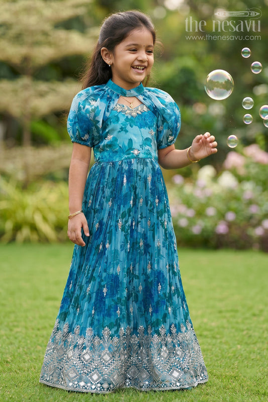 The Nesavu Girls Party Gown Girls' Teal Green Organza Silk Wedding Gown with Zari Embroidery Nesavu 18 (2Y) / Teal GA236A-18 Girls' Teal Green Organza Silk Wedding Gown with Zari Embroidery - Festive Wear