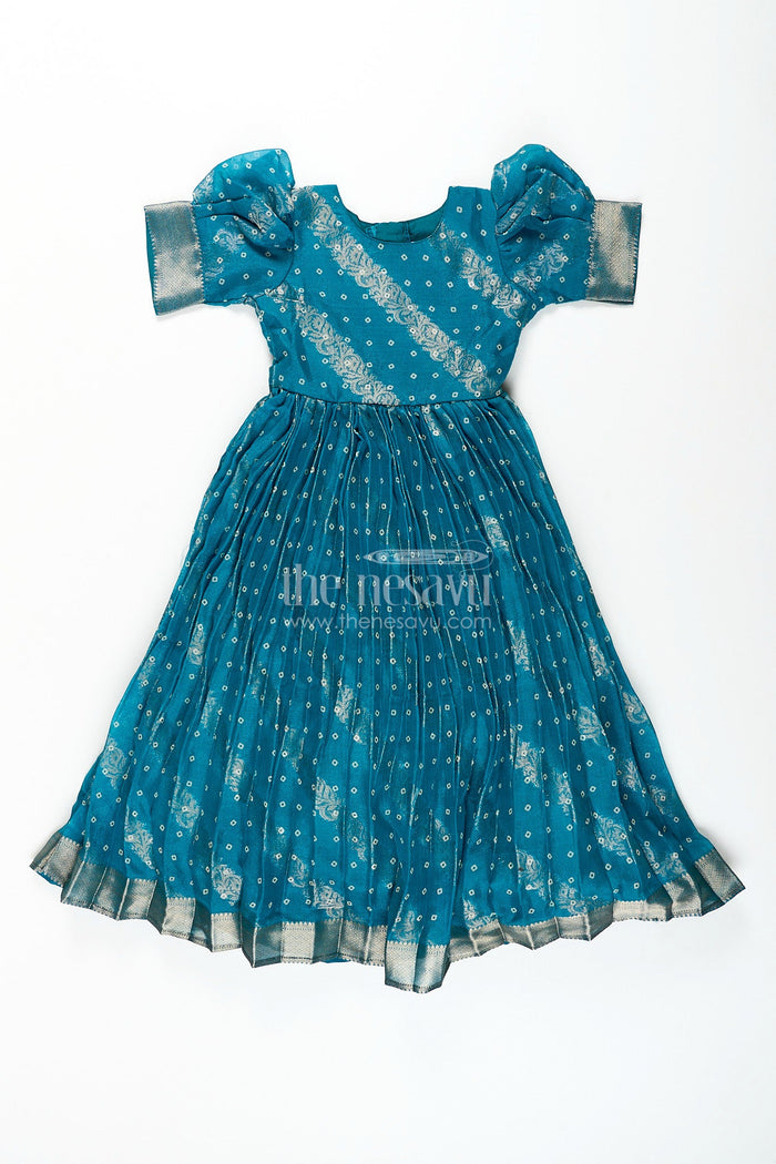 The Nesavu Girls Silk Gown Girls teal viscose tissue silk Anarkali with zari border Nesavu 24 (5Y) / Blue GA373B-24 Nesavu girls teal viscose tissue silk Anarkali with zari border traditional festive wear