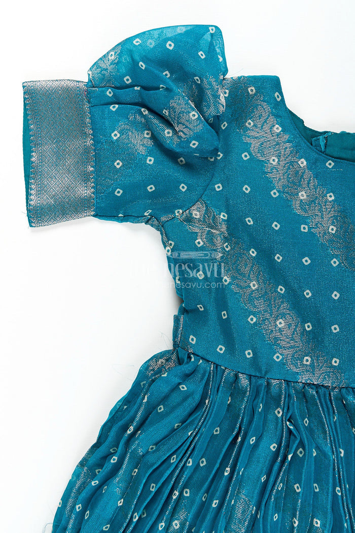 The Nesavu Girls Silk Gown Girls teal viscose tissue silk Anarkali with zari border Nesavu Nesavu girls teal viscose tissue silk Anarkali with zari border traditional festive wear