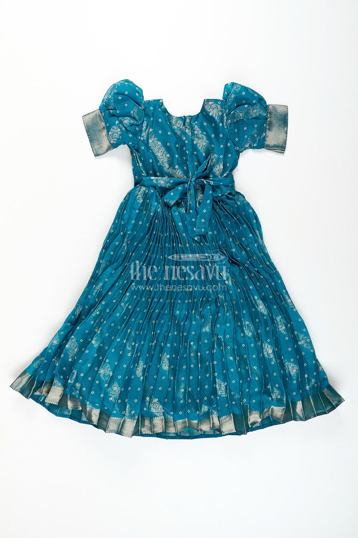 The Nesavu Girls Silk Gown Girls teal viscose tissue silk Anarkali with zari border Nesavu Nesavu girls teal viscose tissue silk Anarkali with zari border traditional festive wear
