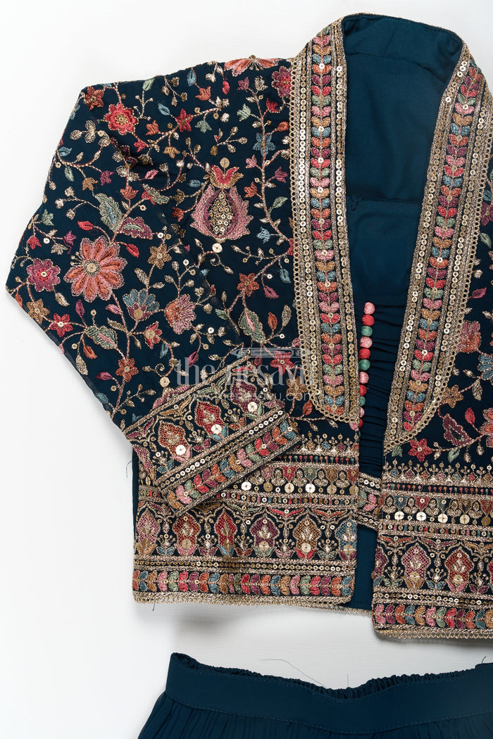 The Nesavu Girls Sharara / Plazo Set Girls Top with Sharara Set in Georgette with Designer Embroidered Jacket and Flared Pants Nesavu Nesavu Girls Navy Top Sharara Set Georgette Embroidered Mirror Work Jacket