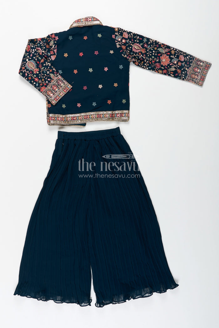 The Nesavu Girls Sharara / Plazo Set Girls Top with Sharara Set in Georgette with Designer Embroidered Jacket and Flared Pants Nesavu Nesavu Girls Navy Top Sharara Set Georgette Embroidered Mirror Work Jacket