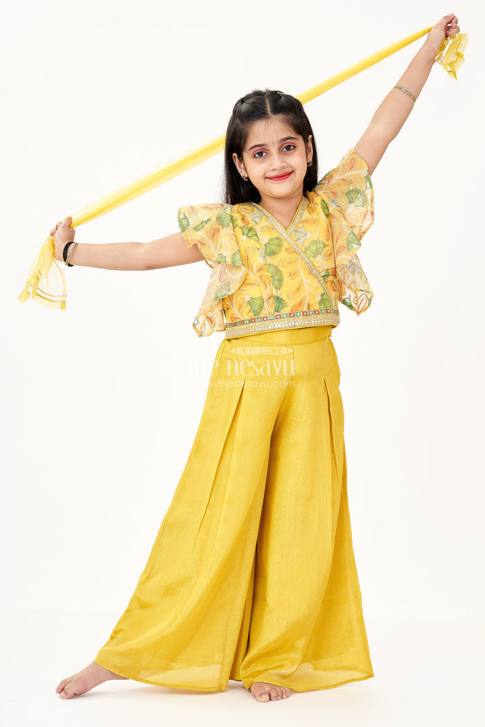 The Nesavu Girls Sharara / Plazo Set Girls Tops and Palazzo Set in Mustard Yellow Shimmer Viscose with Sequin Detailing Nesavu 16 (1Y) / Yellow GPS583A-16 Nesavu Tops Palazzo Set Girls Mustard Shimmer Viscose Mirror Embellishments
