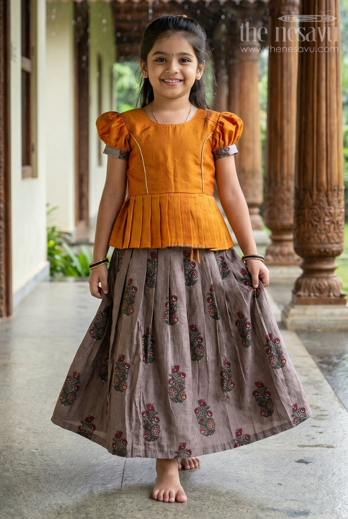 The Nesavu Pattu Pavadai Girls Traditional Pattu Pavadai Dress in Orange and Black with Silk Blend Fabric and Elegant Zari Accents Nesavu 16 (1Y) / Orange GPP318A-16 Nesavu Silk Blend Girls Pattu Pavadai Dress Orange Black Traditional Zari Style