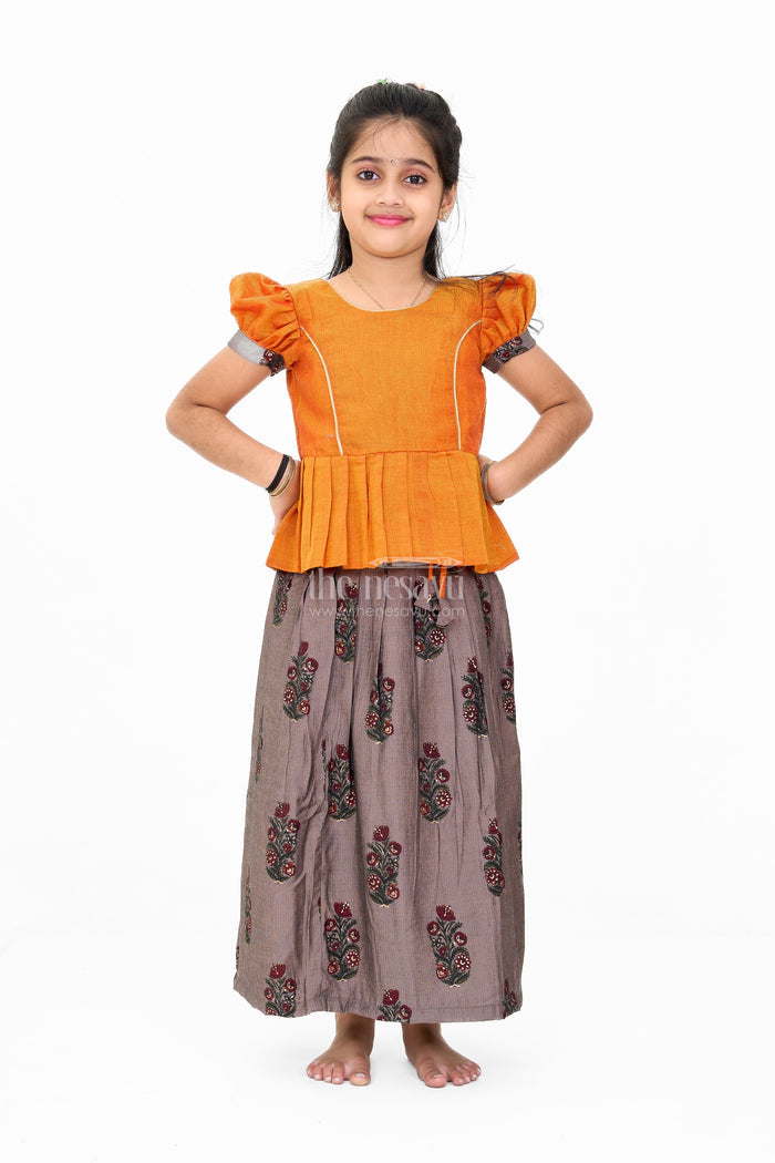 The Nesavu Pattu Pavadai Girls Traditional Pattu Pavadai Dress in Orange and Black with Silk Blend Fabric and Elegant Zari Accents Nesavu 16 (1Y) / Orange GPP318A-16 Nesavu Silk Blend Girls Pattu Pavadai Dress Orange Black Traditional Zari Style
