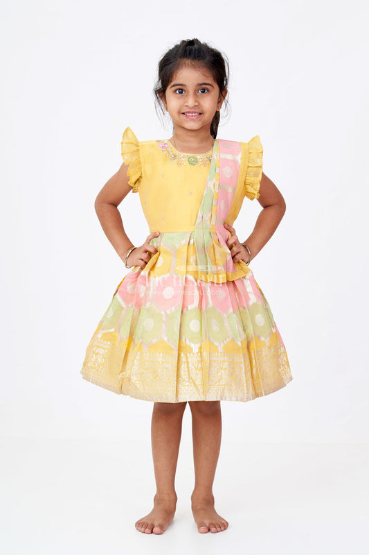 The Nesavu Silk Party Frock Girls Traditional Silk Saree Frock with Embroidery and Ruffled Sleeves for Festive Wear Nesavu 16 (1Y) / Yellow SF975B-16 Nesavu Girls Silk Saree Frock Embroidery Ruffles Festive Party Wear