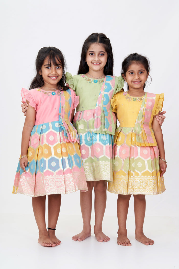 The Nesavu Silk Party Frock Girls Traditional Silk Saree Frock with Embroidery and Ruffled Sleeves for Festive Wear Nesavu Nesavu Girls Silk Saree Frock Embroidery Ruffles Festive Party Wear