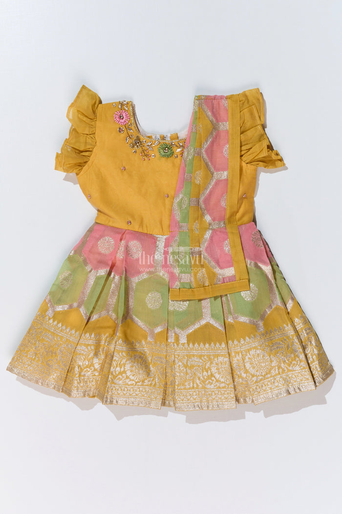 The Nesavu Silk Party Frock Girls Traditional Silk Saree Frock with Embroidery and Ruffled Sleeves for Festive Wear Nesavu Nesavu Girls Silk Saree Frock Embroidery Ruffles Festive Party Wear