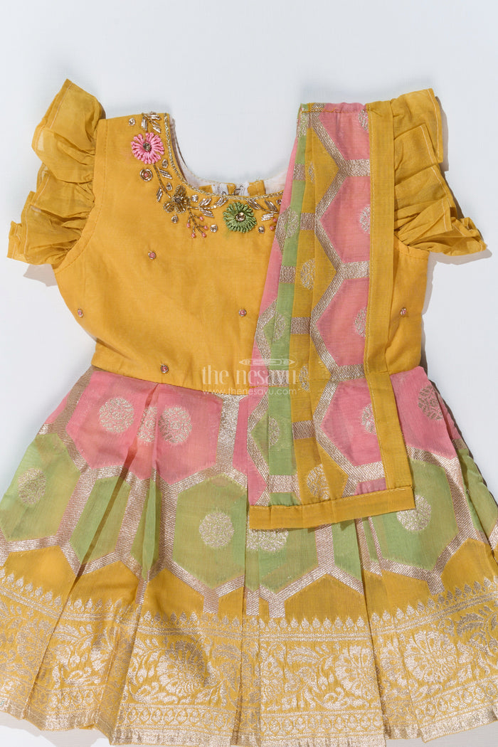 The Nesavu Silk Party Frock Girls Traditional Silk Saree Frock with Embroidery and Ruffled Sleeves for Festive Wear Nesavu Nesavu Girls Silk Saree Frock Embroidery Ruffles Festive Party Wear