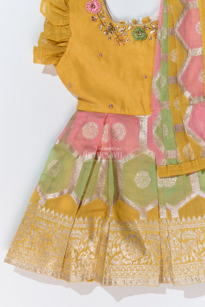 The Nesavu Silk Party Frock Girls Traditional Silk Saree Frock with Embroidery and Ruffled Sleeves for Festive Wear Nesavu Nesavu Girls Silk Saree Frock Embroidery Ruffles Festive Party Wear