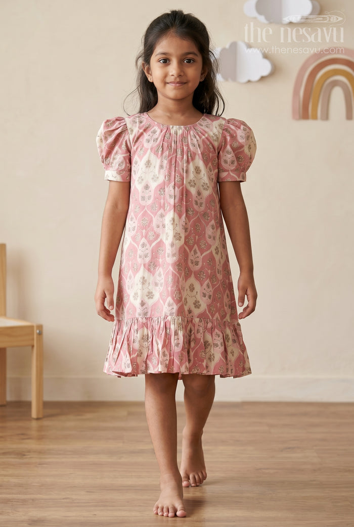 The Nesavu Girls Fancy Frock Girls Trendy Frock Designs in Pink Muslin Silk with Leaf Print Motifs and Ruffle Trim for Stylish Days Nesavu 18 (2Y) / Pink GFC1757B-18 Nesavu Pink Muslin Silk Trendy Frock Designs Girls Leaf Motifs Ruffle Hem