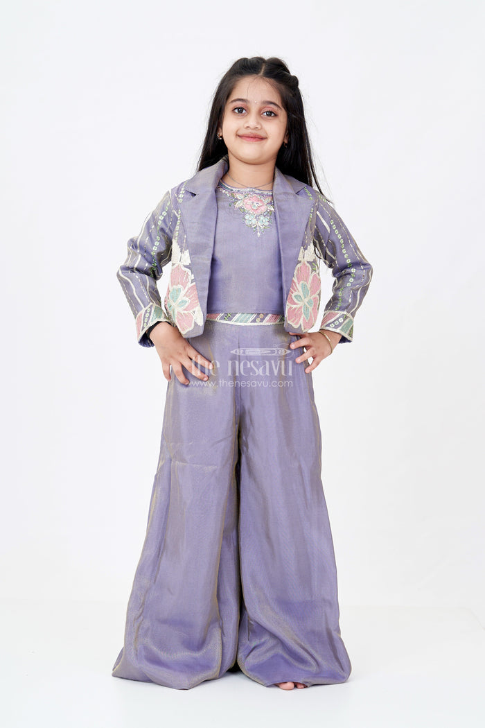 The Nesavu Girls Sharara / Plazo Set Girls Two Piece Suit Jacket Skirt Set in Banarasi Kora Tissue Silk with Floral Embroidery Nesavu Nesavu Girls Two Piece Suit Jacket Skirt Banarasi Silk Floral Embroidery Stylish Cut