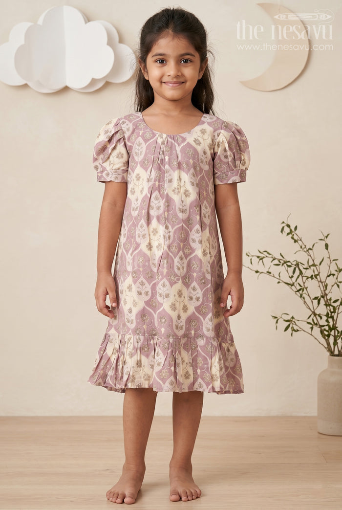 The Nesavu Girls Fancy Frock Girls Unique Frock Design in Lavender Muslin Silk with Leaf Print and Puffy Sleeves for Everyday Grace Nesavu 18 (2Y) / Purple GFC1757C-18 Nesavu Lavender Muslin Silk Unique Frock Design Leaf Print Puff Sleeves Girls