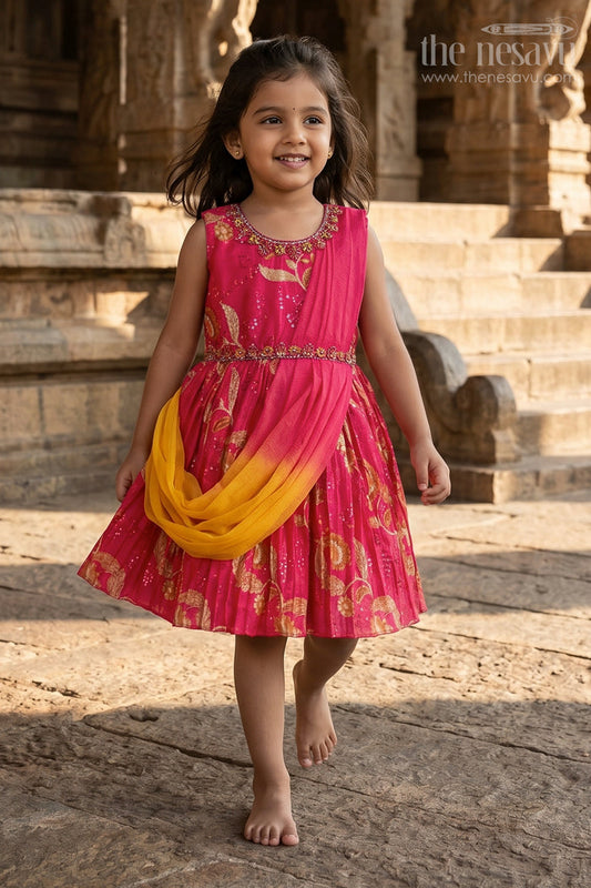 The Nesavu Silk Party Frock Girls Vibrant Pink and Yellow Silk Frock with Floral Embroidery Nesavu 18 (2Y) / Pink / Chinnon SF766A-18 Buy Girls Pink Floral Silk Frock Online | The Nesavu