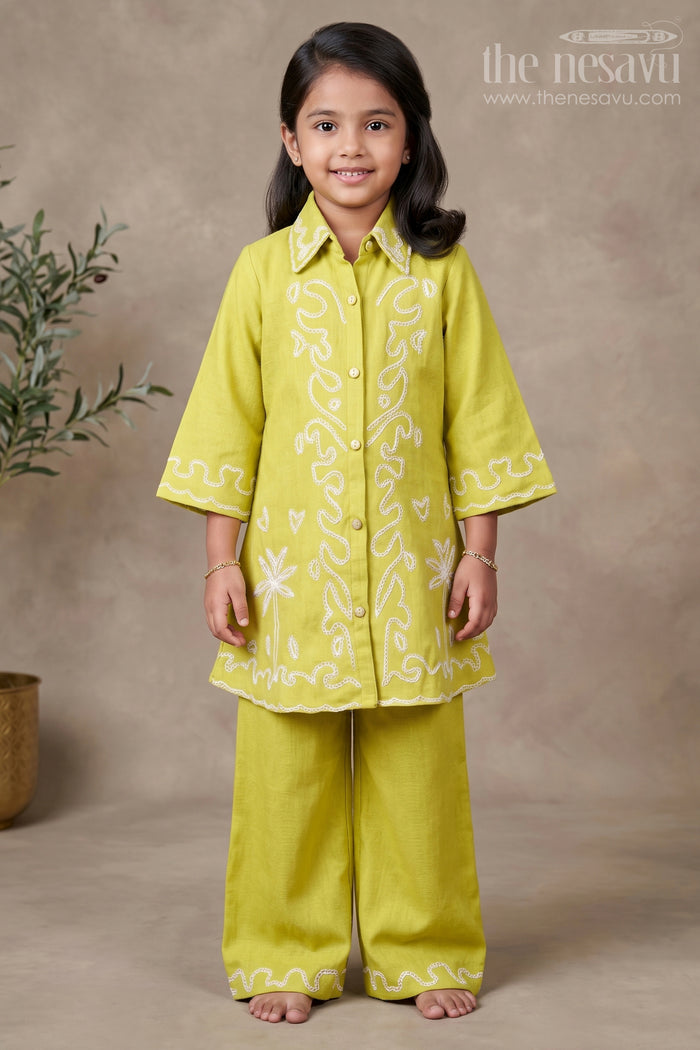 The Nesavu Girls Co-Ord Sets Girls Viscose Silk Plazo Set with Embroidery for Festive Wear Nesavu 24 (5Y) / Green GPS863B-24 Nesavu girls embroidered viscose silk plazo set weddings school events traditional functions