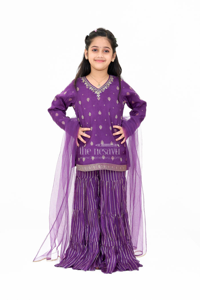 The Nesavu Girls Sharara / Plazo Set Girls Viscose Silk Sharara Set in Purple with Embellished Kurta and Ruffled Pants Nesavu 16 (1Y) / Purple GPS495A-16 Nesavu Girls Party Wear Sharara Set Purple Embellished Kurta Ruffled Pants