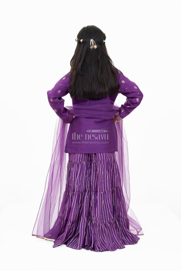 The Nesavu Girls Sharara / Plazo Set Girls Viscose Silk Sharara Set in Purple with Embellished Kurta and Ruffled Pants Nesavu Nesavu Girls Party Wear Sharara Set Purple Embellished Kurta Ruffled Pants