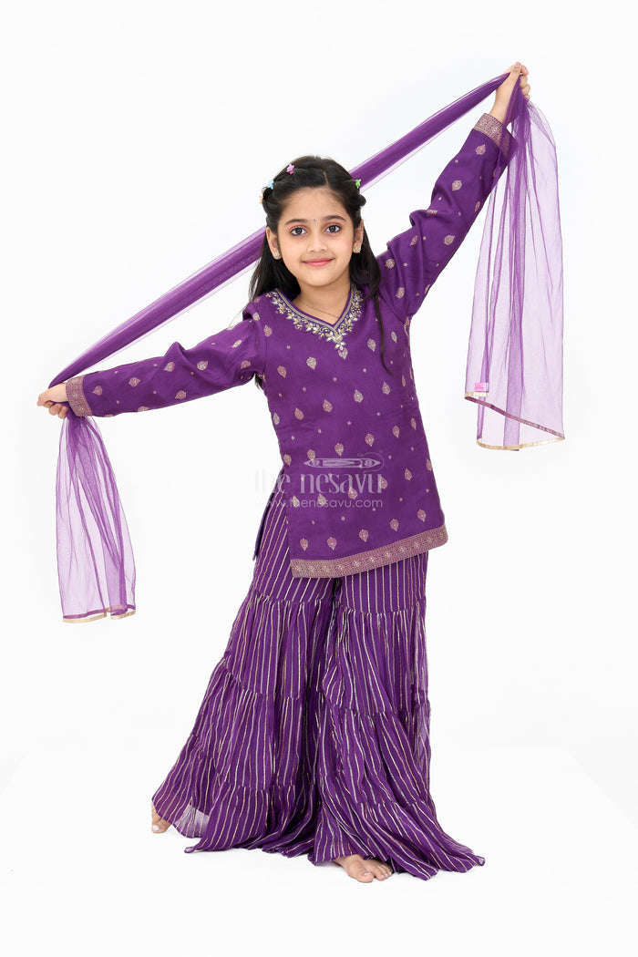 The Nesavu Girls Sharara / Plazo Set Girls Viscose Silk Sharara Set in Purple with Embellished Kurta and Ruffled Pants Nesavu Nesavu Girls Party Wear Sharara Set Purple Embellished Kurta Ruffled Pants
