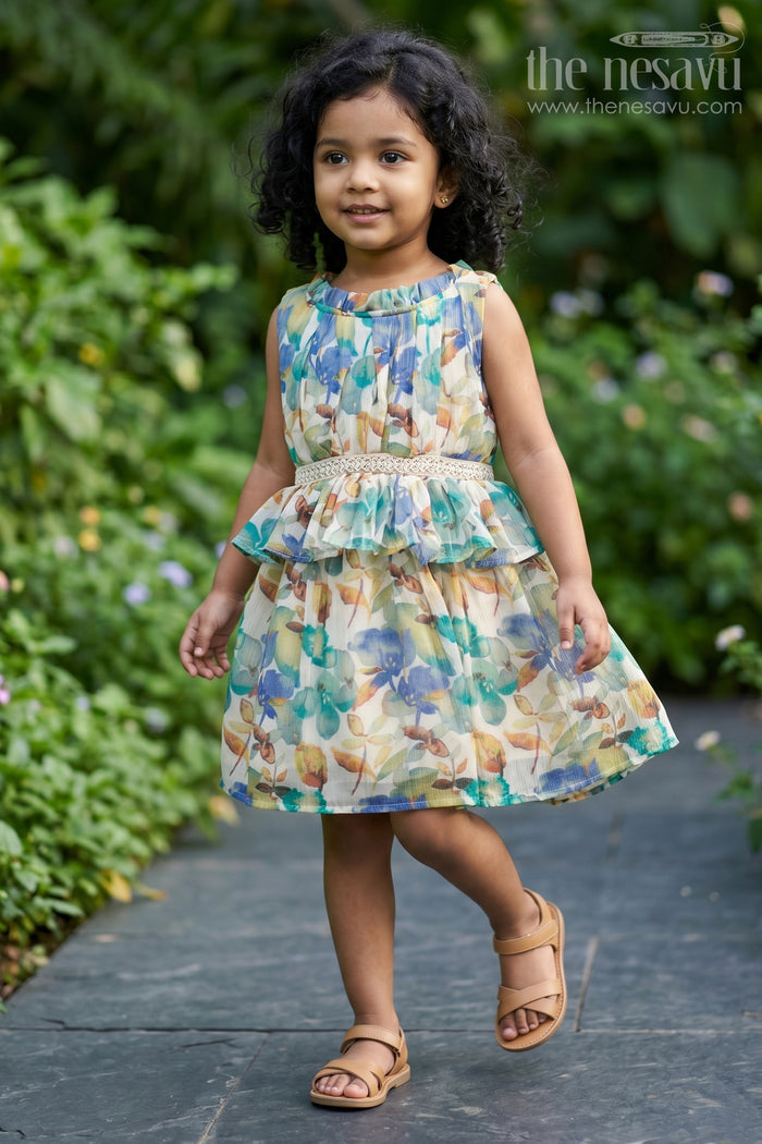 The Nesavu Girls Cotton Frock Girls Western Frock Dress in Chiffon Cotton Blend with Floral Prints and Ruffled Waist Nesavu 16 (1Y) / Green GFC1637B-16 Girls Western Frock Dress Chiffon Cotton Blend Floral Prints Ruffle Waist | The Nesavu