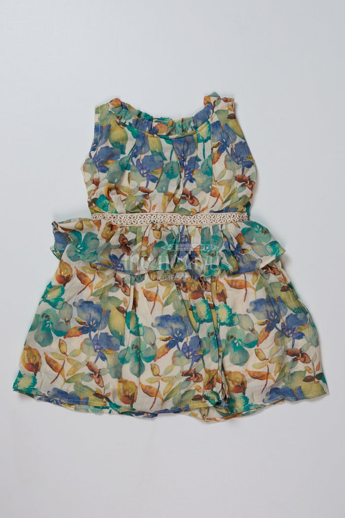 The Nesavu Girls Cotton Frock Girls Western Frock Dress in Chiffon Cotton Blend with Floral Prints and Ruffled Waist Nesavu 16 (1Y) / Green GFC1637B-16 Nesavu Girls Western Frock Dress Chiffon Cotton Blend Floral Prints Ruffle Waist