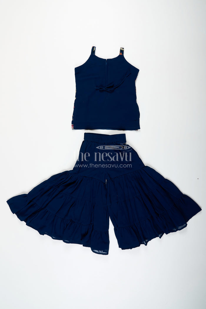 The Nesavu Girls Sharara / Plazo Set Girls Western Sharara Set in Navy Blue with Embroidered Spaghetti Top and Flowy Pants Nesavu Nesavu Girls Western Sharara Set Navy Blue Embroidered Spaghetti Top Dupatta