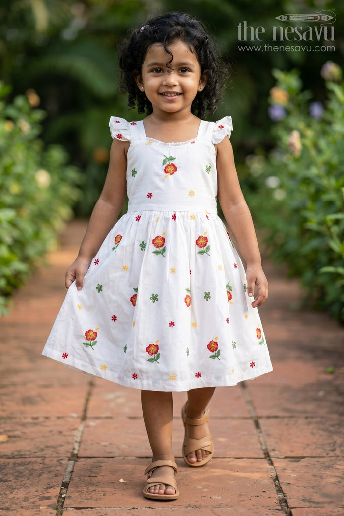 The Nesavu Girls Cotton Frock Girls White Floral Frock in Cotton Embroidery with Delicate Ruffles and Playful Design Nesavu 18 (2Y) / White GFC1654B-18 Girls White Floral Frock Cotton Embroidery Ruffled Sleeves Flared Skirt | The Nesavu