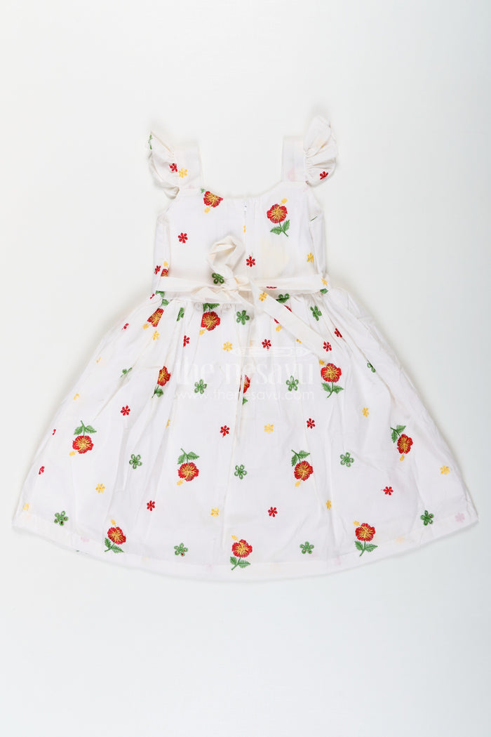 The Nesavu Girls Cotton Frock Girls White Floral Frock in Cotton Embroidery with Delicate Ruffles and Playful Design Nesavu Nesavu Girls White Floral Frock Cotton Embroidery Ruffled Sleeves Flared Skirt