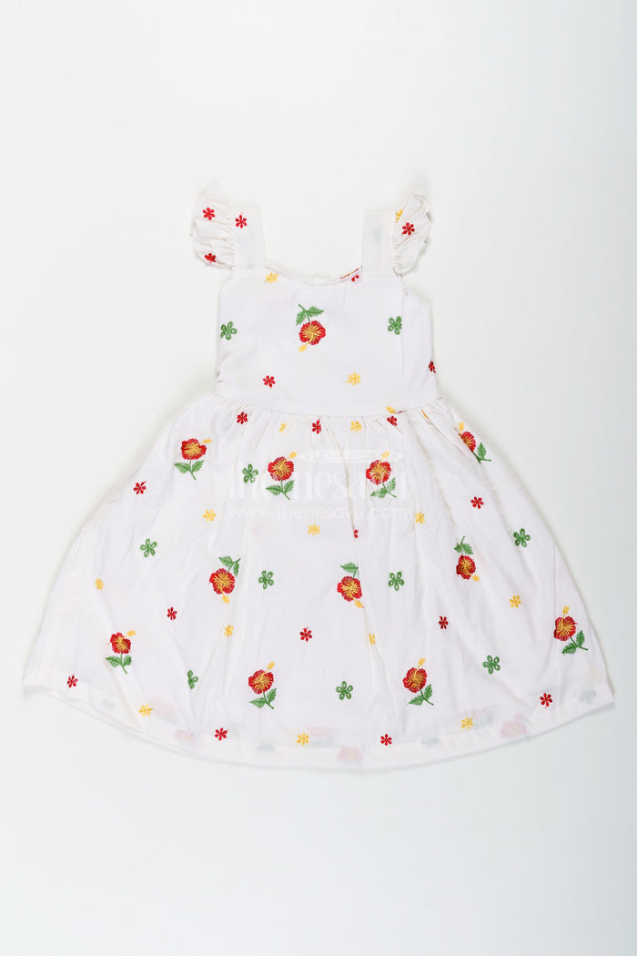 The Nesavu Girls Cotton Frock Girls White Floral Frock in Cotton Embroidery with Delicate Ruffles and Playful Design Nesavu 18 (2Y) / White GFC1654B-18 Girls White Floral Frock Cotton Embroidery Ruffled Sleeves Flared Skirt | The Nesavu