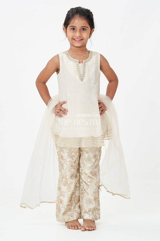 The Nesavu Girls Sharara / Plazo Set Girls White Infant Dress in Viscose Tissue with Embroidered Sequins and Designer Churidar Bottom Nesavu Girls White Infant Dress Viscose Tissue Embroidered Churidar Matching Dupatta | The Nesavu