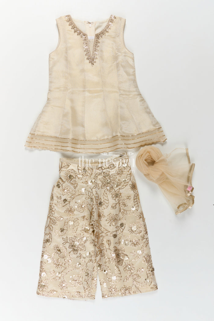 The Nesavu Girls Sharara / Plazo Set Girls White Infant Dress in Viscose Tissue with Embroidered Sequins and Designer Churidar Bottom Nesavu Girls White Infant Dress Viscose Tissue Embroidered Churidar Matching Dupatta | The Nesavu