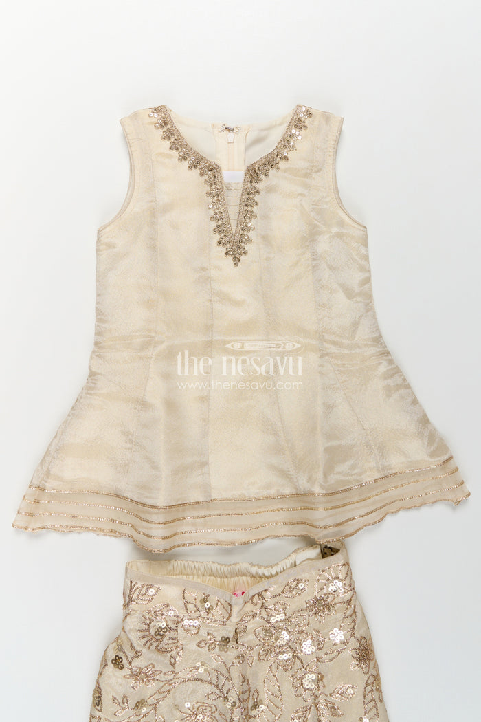 The Nesavu Girls Sharara / Plazo Set Girls White Infant Dress in Viscose Tissue with Embroidered Sequins and Designer Churidar Bottom Nesavu Girls White Infant Dress Viscose Tissue Embroidered Churidar Matching Dupatta | The Nesavu