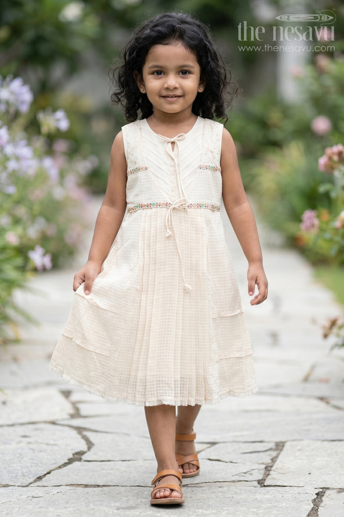 The Nesavu Girls Cotton Frock Girls White Lace Frock with Delicate Embroidery and Pleated Skirt for a Timeless Look Nesavu 34 (10Y) / Cream GFC1627A-34 Girls White Lace Frock Delicate Embroidery Pleated Flared Skirt | The Nesavu
