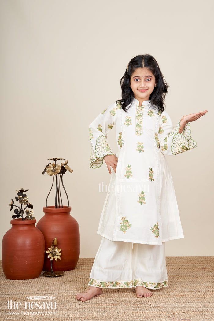 The Nesavu Girls Sharara / Plazo Set Girls white sharara set with thread embroidery for festive occasions Nesavu 26 (6Y) / White GPS824A-26 Nesavu girls white cotton sharara set with green thread embroidery and dupatta for festive wear