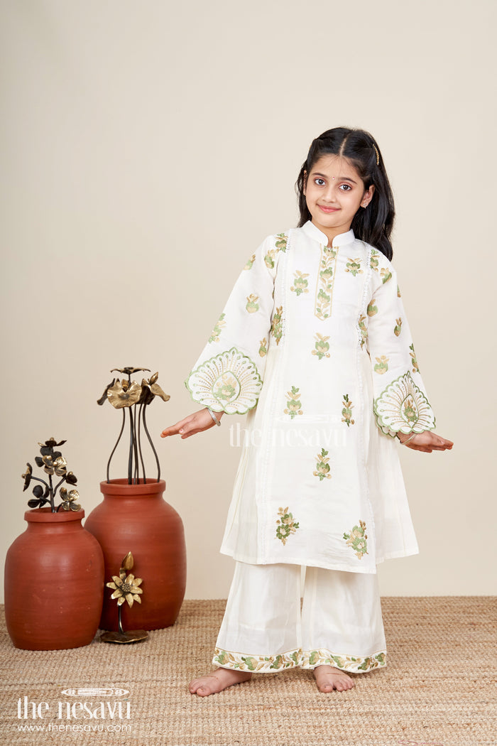 The Nesavu Girls Sharara / Plazo Set Girls white sharara set with thread embroidery for festive occasions Nesavu Nesavu girls white cotton sharara set with green thread embroidery and dupatta for festive wear