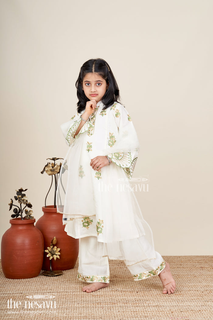 The Nesavu Girls Sharara / Plazo Set Girls white sharara set with thread embroidery for festive occasions Nesavu Nesavu girls white cotton sharara set with green thread embroidery and dupatta for festive wear