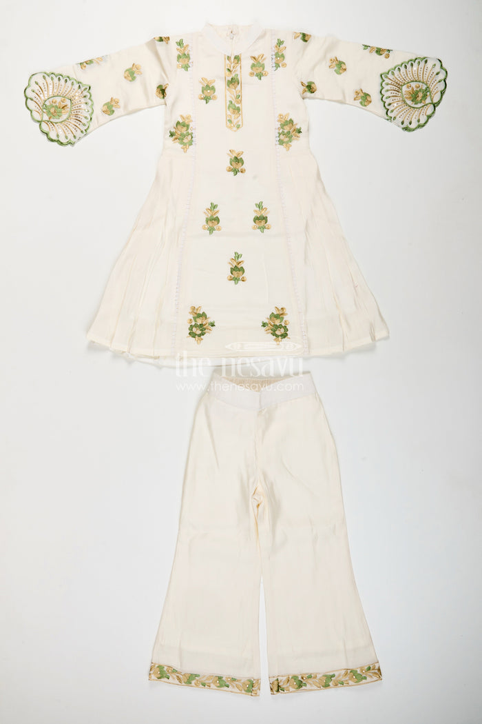 The Nesavu Girls Sharara / Plazo Set Girls white sharara set with thread embroidery for festive occasions Nesavu Nesavu girls white cotton sharara set with green thread embroidery and dupatta for festive wear
