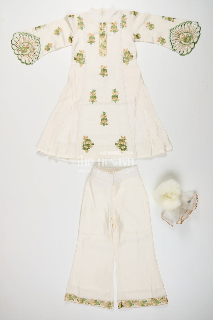 The Nesavu Girls Sharara / Plazo Set Girls white sharara set with thread embroidery for festive occasions Nesavu Nesavu girls white cotton sharara set with green thread embroidery and dupatta for festive wear