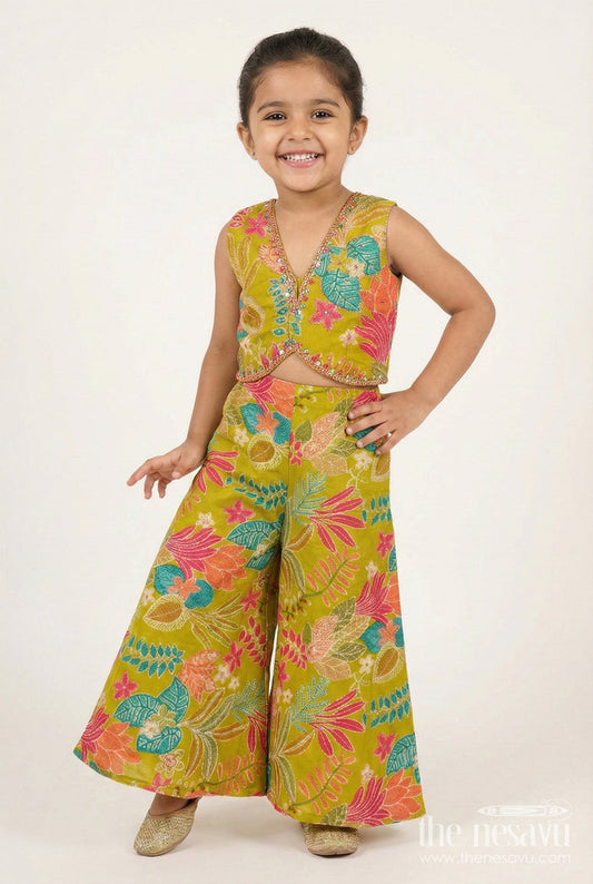 The Nesavu Girls Casual Set Girls Yellow Casual Dress in Muslin Silk with Digital Printed Patterns and Stylish Two-Piece Set Nesavu 16 (1Y) / Yellow GPS527B-16 Nesavu Girls Yellow Muslin Silk Casual Dress Set Digital Prints Stylish Everyday Appeal