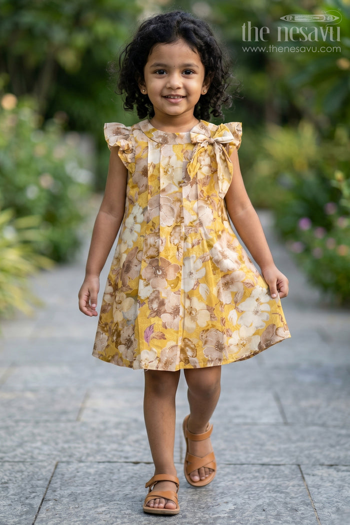 The Nesavu Girls Cotton Frock Girls Yellow Cotton Frock with Floral Prints and Elegant Pleats for Comfortable Everyday Wear Nesavu 16 (1Y) / Yellow GFC1611A-16 Girls Yellow Cotton Frock Floral Print Pleats a Stylish Casual Look | The Nesavu