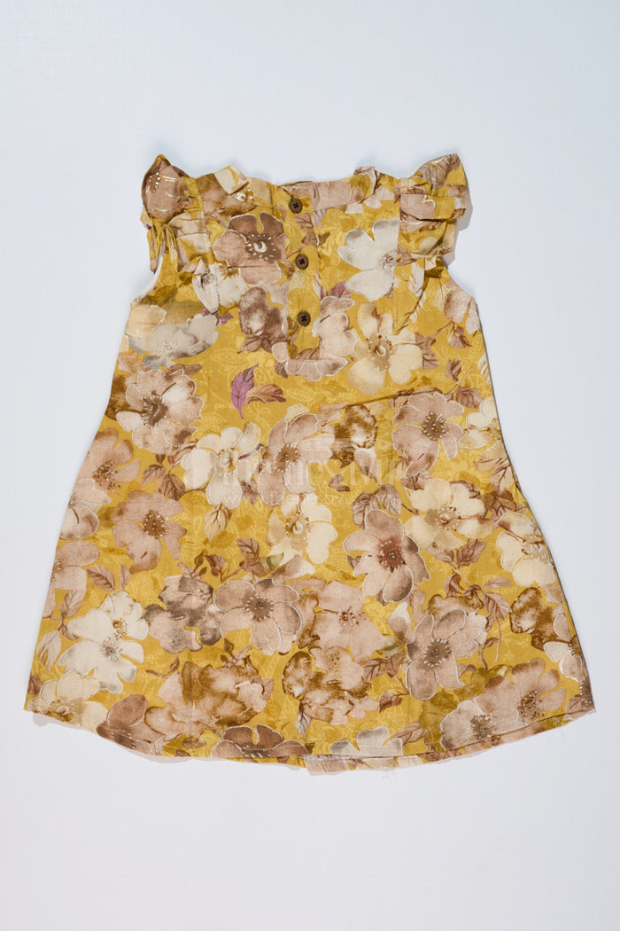 The Nesavu Girls Cotton Frock Girls Yellow Cotton Frock with Floral Prints and Elegant Pleats for Comfortable Everyday Wear Nesavu Nesavu Girls Yellow Cotton Frock Floral Print Pleats a Stylish Casual Look