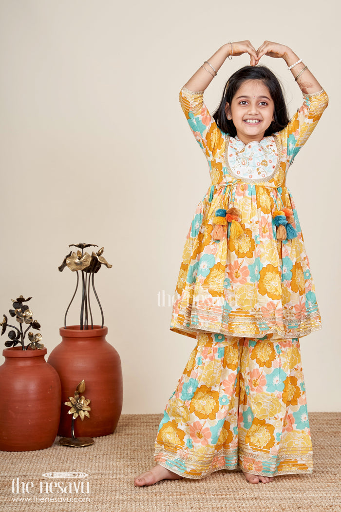 The Nesavu Girls yellow cotton sharara set with tassels and floral block print for ethnic days Nesavu 16 (1Y) / Yellow GPS844A-16 Nesavu girls yellow cotton block print sharara set tassels  ethnic outfit school casual celebrations