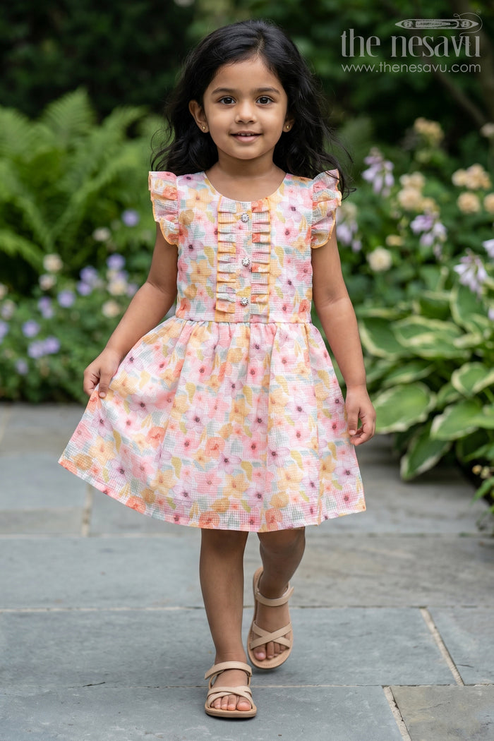 The Nesavu Girls Cotton Frock Girls Yellow Floral Cotton Frock with Ruffled Sleeves and Pleats Featuring Design Of Frock Dress Nesavu 12 (3M) / Yellow GFC1309B-12 Nesavu Girls Yellow Floral Printed Cotton Blend Frock Pleats Ruffled Sleeves design frock dress
