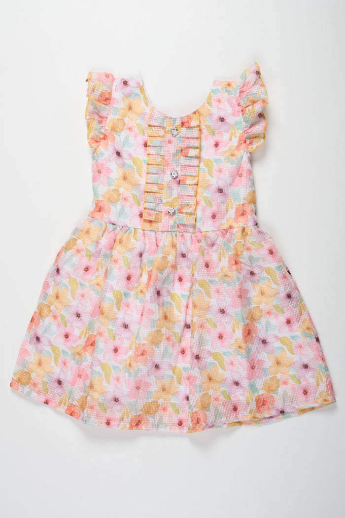 The Nesavu Girls Cotton Frock Girls Yellow Floral Cotton Frock with Ruffled Sleeves and Pleats Featuring Design Of Frock Dress Nesavu 12 (3M) / Yellow GFC1309B-12 Nesavu Girls Yellow Floral Printed Cotton Blend Frock Pleats Ruffled Sleeves design frock dress
