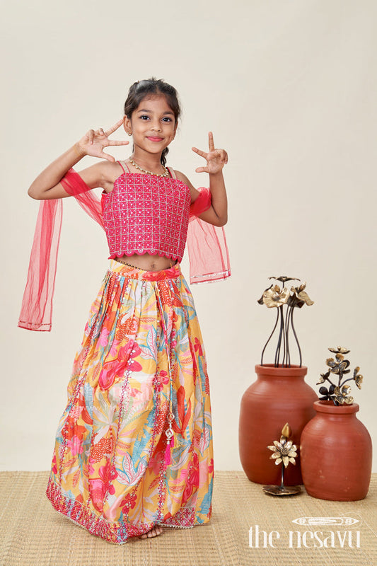 The Nesavu Girls Lehenga Choli Girls Yellow Floral Lehenga Choli with Embroidered Blouse and Dupatta Nesavu 16 (1Y) / Red GL763A-16 Nesavu Girls Yellow Floral Lehenga Choli Maroon Embroidered Blouse Mirror Work