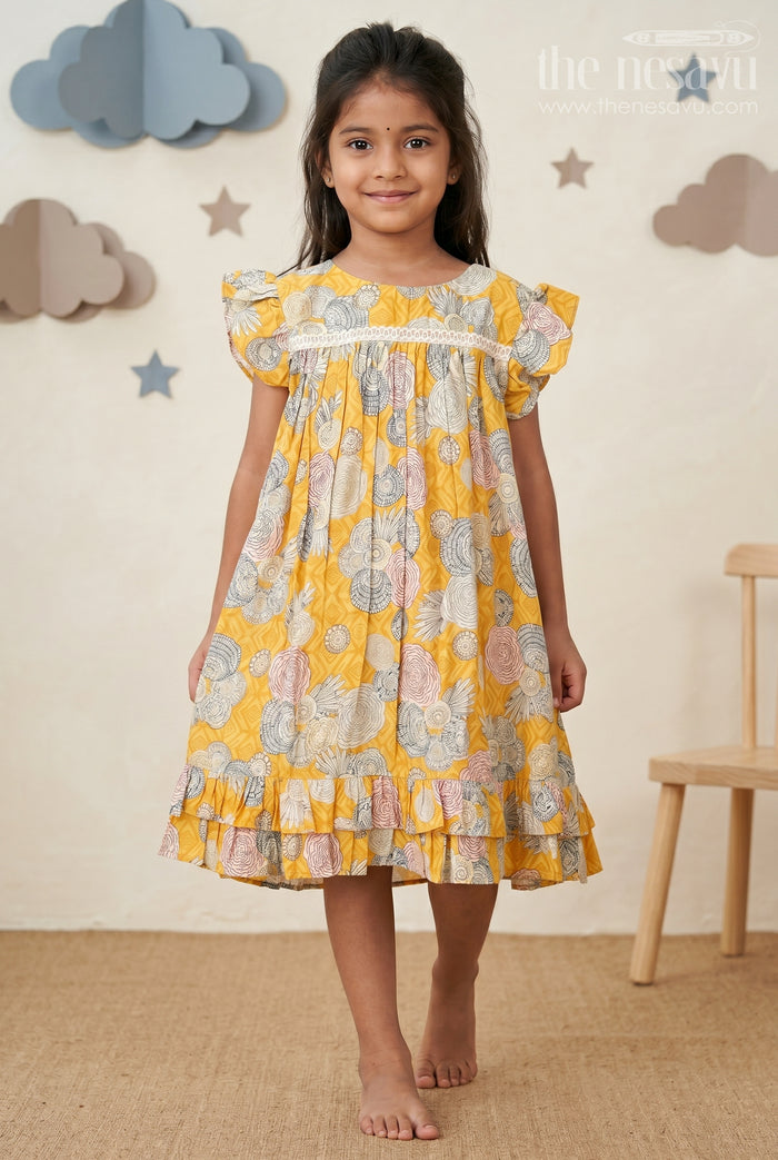 The Nesavu Girls Fancy Frock Girls Yellow Frock Design in Moadal Silk with Digital Floral Print and Ruffle Sleeves for Bright Looks Nesavu 18 (2Y) / Yellow GFC1759A-18 Nesavu Girls Yellow Frock Design Moadal Silk Floral Print Ruffle Sleeves