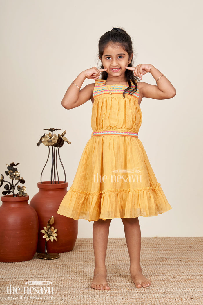 The Nesavu Girls Cotton Frock Girls Yellow Frocks Design with Popcorn Crush Cotton and Multicolor Embroidered Details Nesavu 18 (2Y) / Yellow GFC1789B-18 Nesavu Yellow Frocks Design Girls Thread Embroidery Soft Popcorn Crush Cotton Finish
