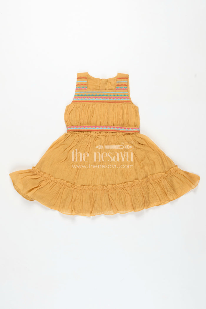 The Nesavu Girls Cotton Frock Girls Yellow Frocks Design with Popcorn Crush Cotton and Multicolor Embroidered Details Nesavu Nesavu Yellow Frocks Design Girls Thread Embroidery Soft Popcorn Crush Cotton Finish