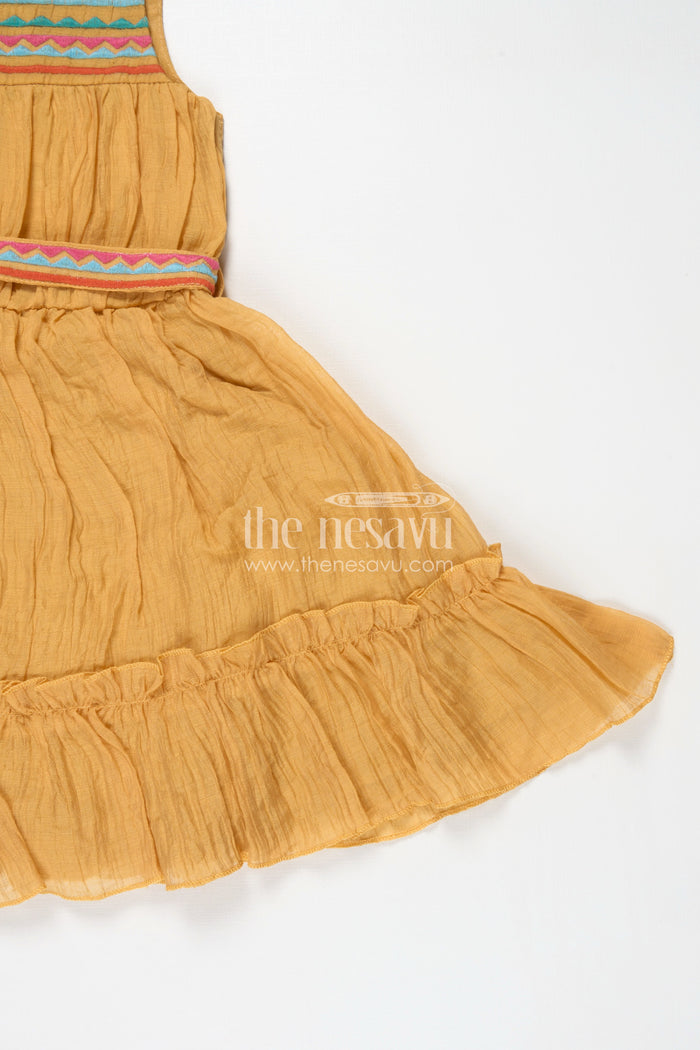 The Nesavu Girls Cotton Frock Girls Yellow Frocks Design with Popcorn Crush Cotton and Multicolor Embroidered Details Nesavu Nesavu Yellow Frocks Design Girls Thread Embroidery Soft Popcorn Crush Cotton Finish